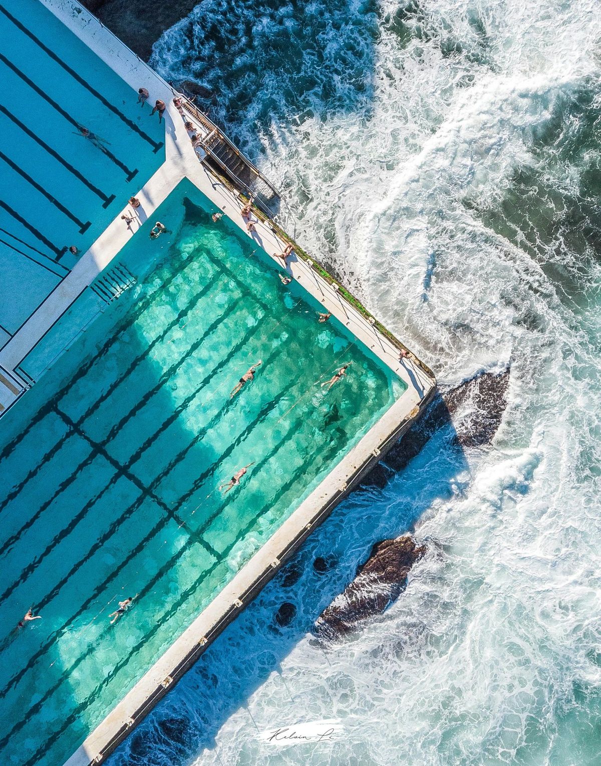 Aerial view of the Bondi Icebergs pool and the surf